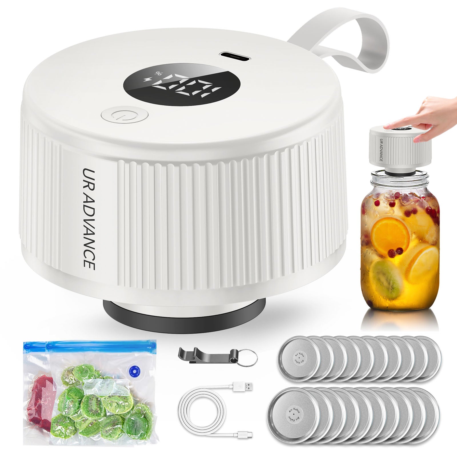 Electric Mason Jar Sealer – Auto-Stop When Sealed, 10-20 Second Sealing, 150+ Jars per Charge，3-in-1 Vacuum Sealer Kit for Mason Jars, Bags, Containers，Gifts for Mom, Fitness Lover - White
