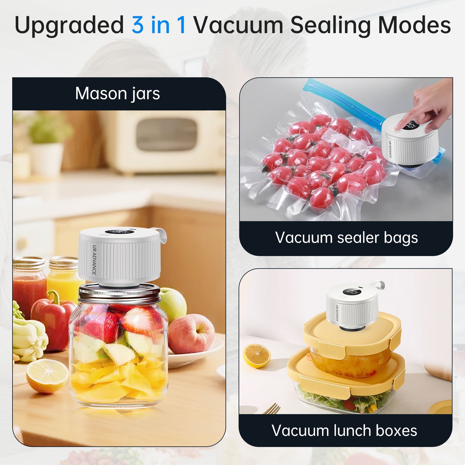 Electric Mason Jar Sealer – Auto-Stop When Sealed, 10-20 Second Sealing, 150+ Jars per Charge，3-in-1 Vacuum Sealer Kit for Mason Jars, Bags, Containers，Gifts for Mom, Fitness Lover - White