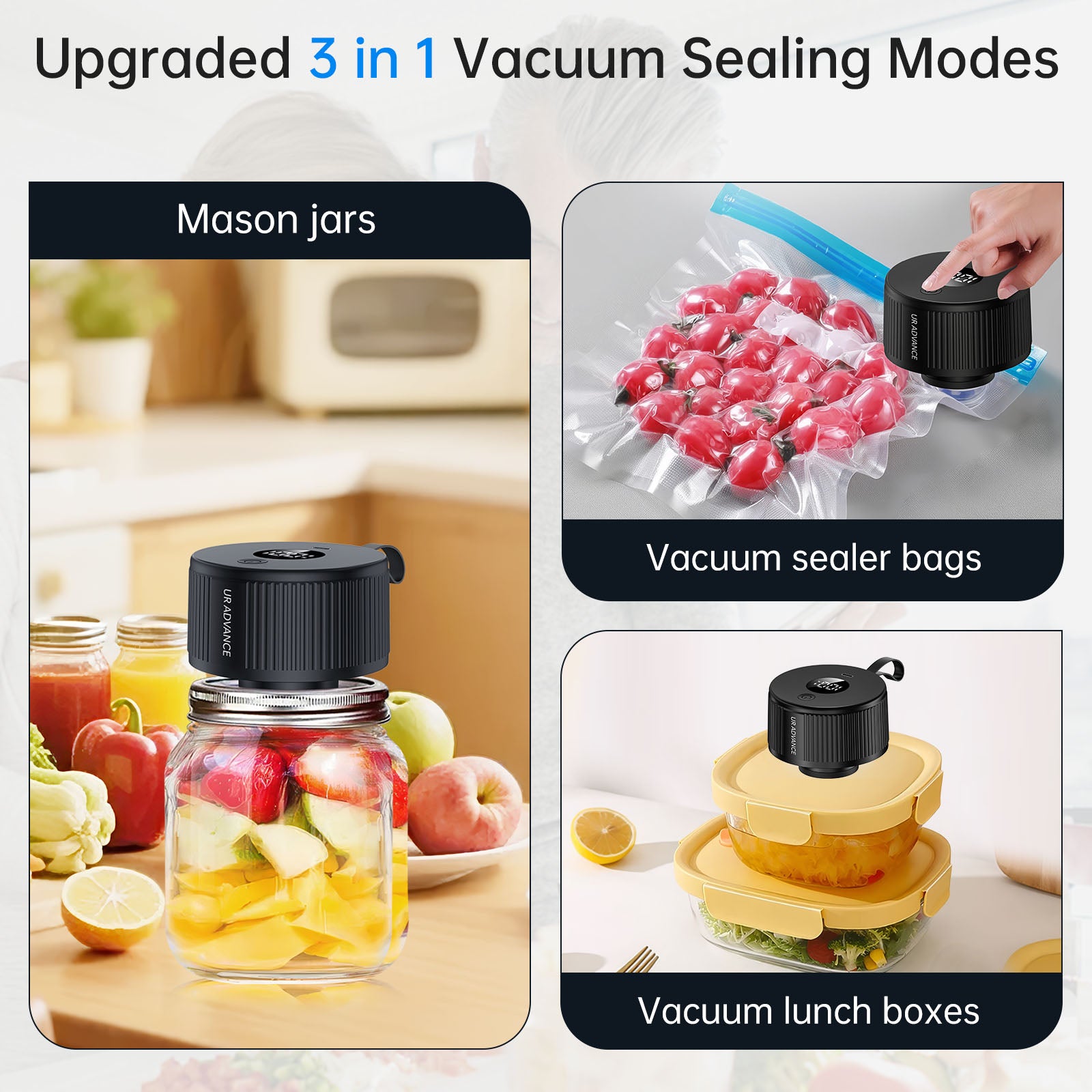 Electric Mason Jar Sealer – Auto-Stop When Sealed, 10-20 Second Sealing, 150+ Jars per Charge，3-in-1 Vacuum Sealer Kit for Mason Jars, Bags, Containers，Gifts for Mom, Fitness Lover - White
