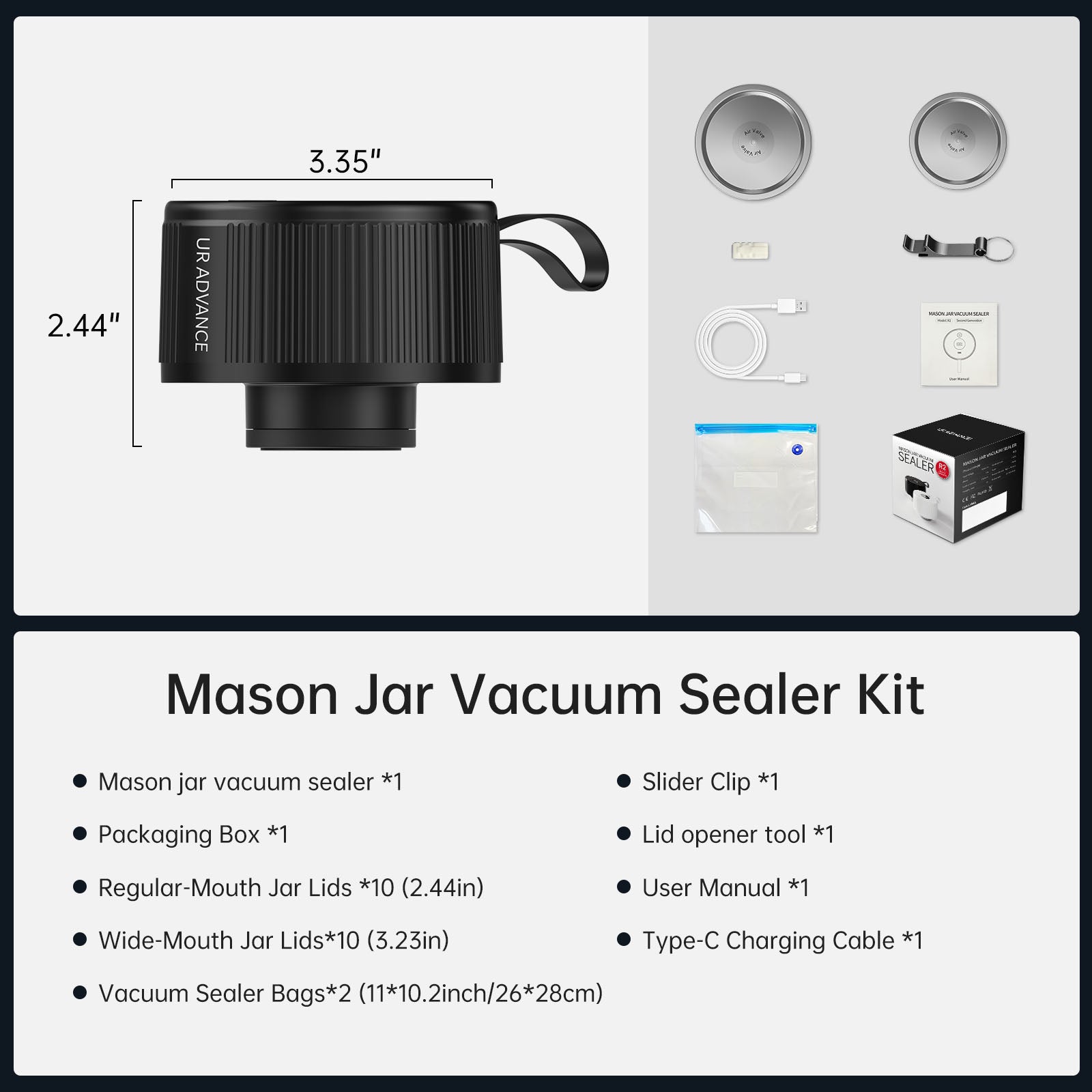 Electric Mason Jar Sealer – Auto-Stop When Sealed, 10-20 Second Sealing, 150+ Jars per Charge，3-in-1 Vacuum Sealer Kit for Mason Jars, Bags, Containers，Gifts for Mom, Fitness Lover - White