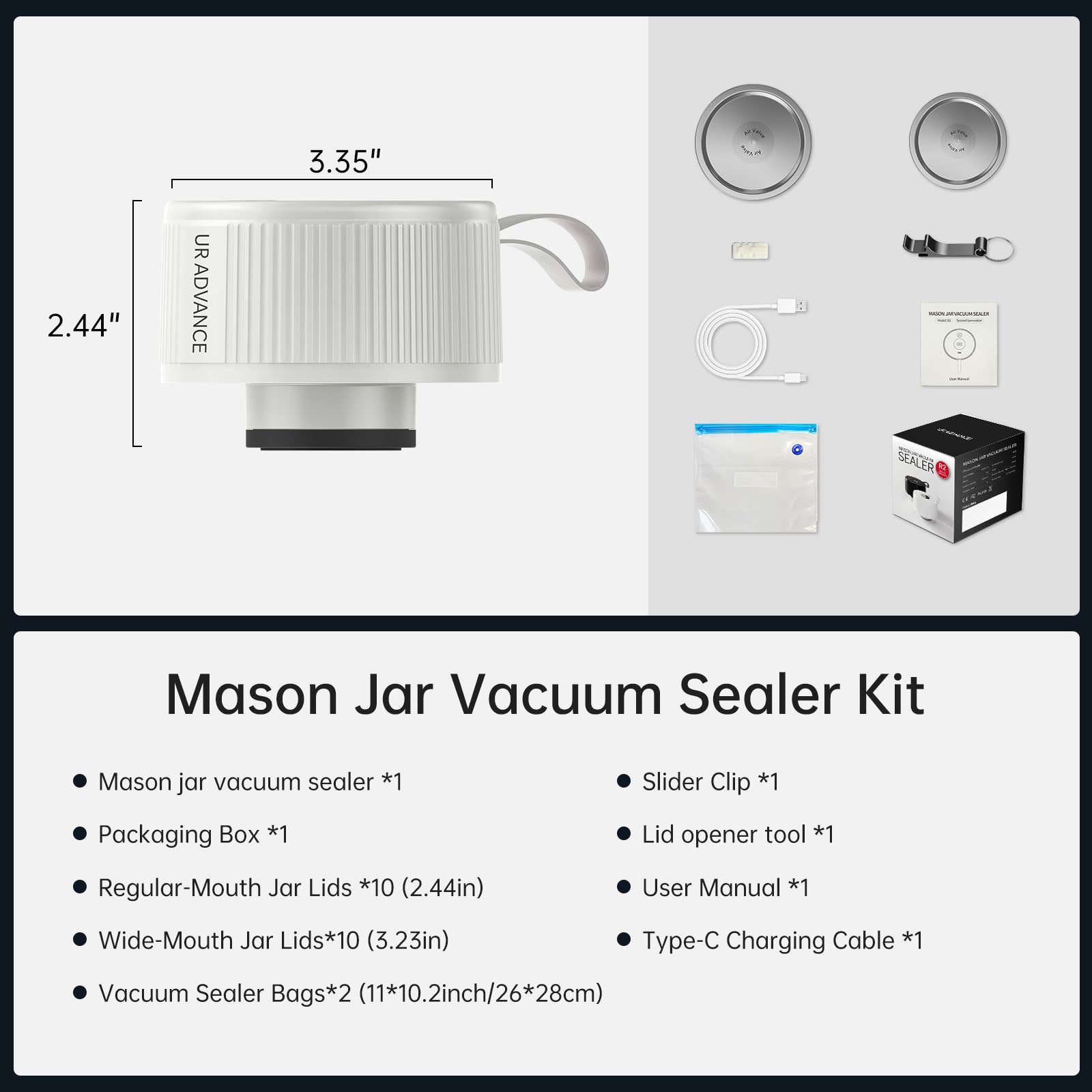 Electric Mason Jar Sealer – Auto-Stop When Sealed, 10-20 Second Sealing, 150+ Jars per Charge，3-in-1 Vacuum Sealer Kit for Mason Jars, Bags, Containers，Gifts for Mom, Fitness Lover - White